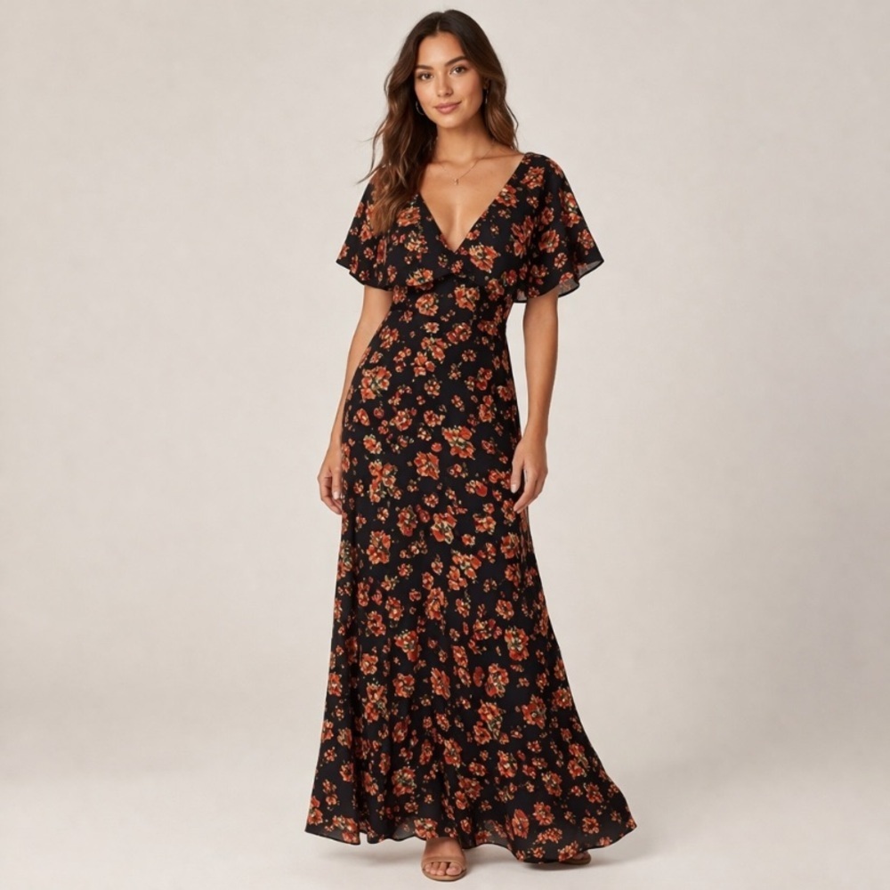 Boohoo Black Red Floral V-Neck Tie Back Short Sleeve Boho Maxi Dress Size 8